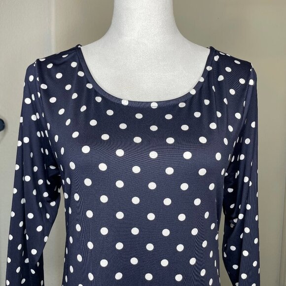 Nina Leonard Blue White Polka Dot High-Low Trapeze 3/4 Sleeve Dress w/pockets L - Picture 5 of 10